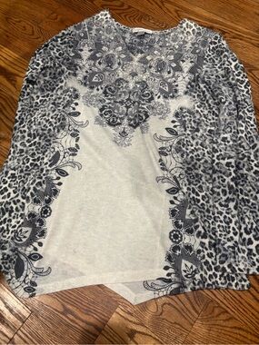 Christopher & Banks Gray Floral and Leopard Print Long Sleeve Top